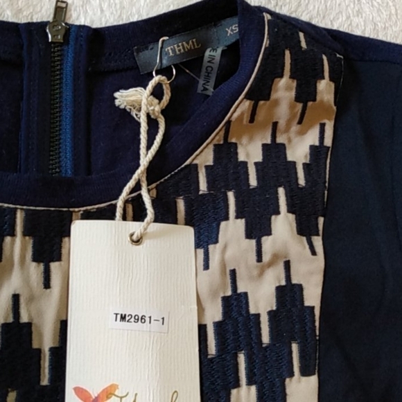 Thml Mixed Media Navy & Cream Panel Blouse NWT - Picture 10 of 11